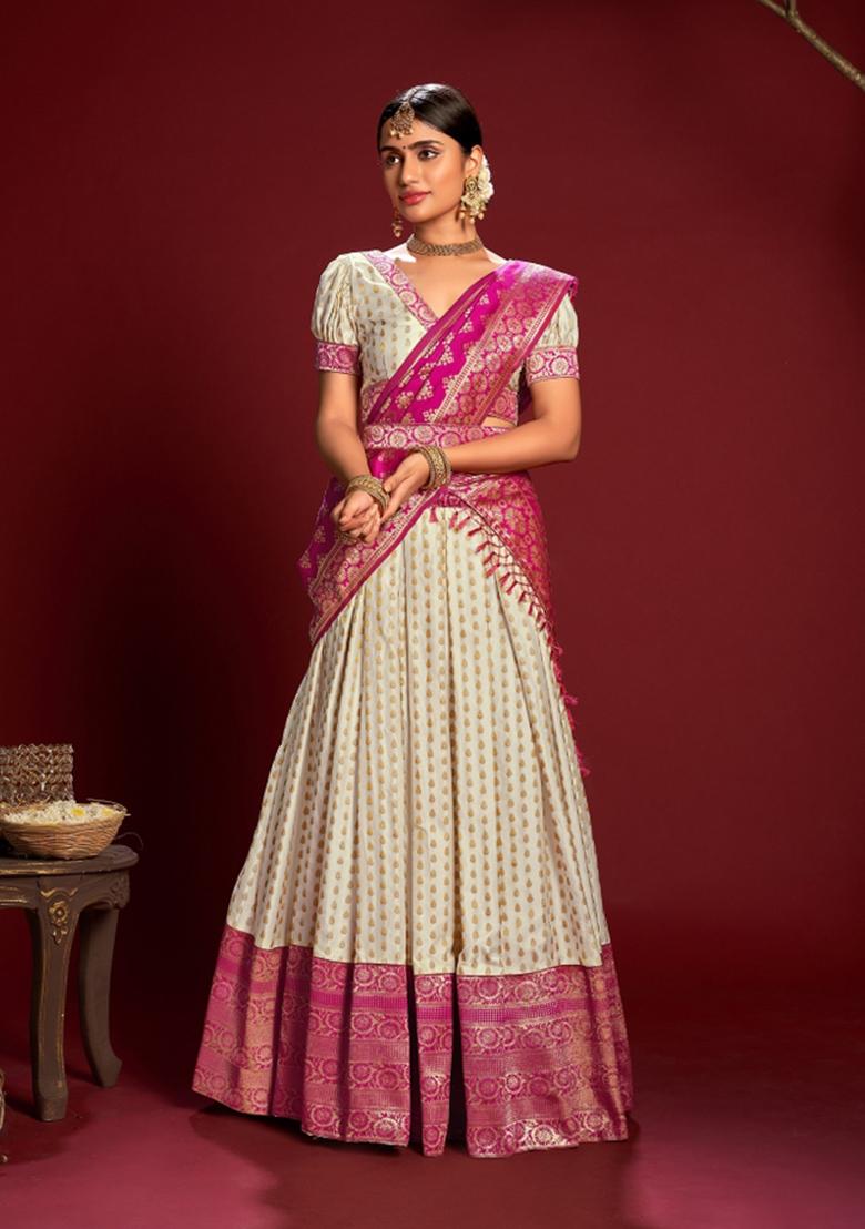 White Weaving Jacquard Lehenga Set - Indya