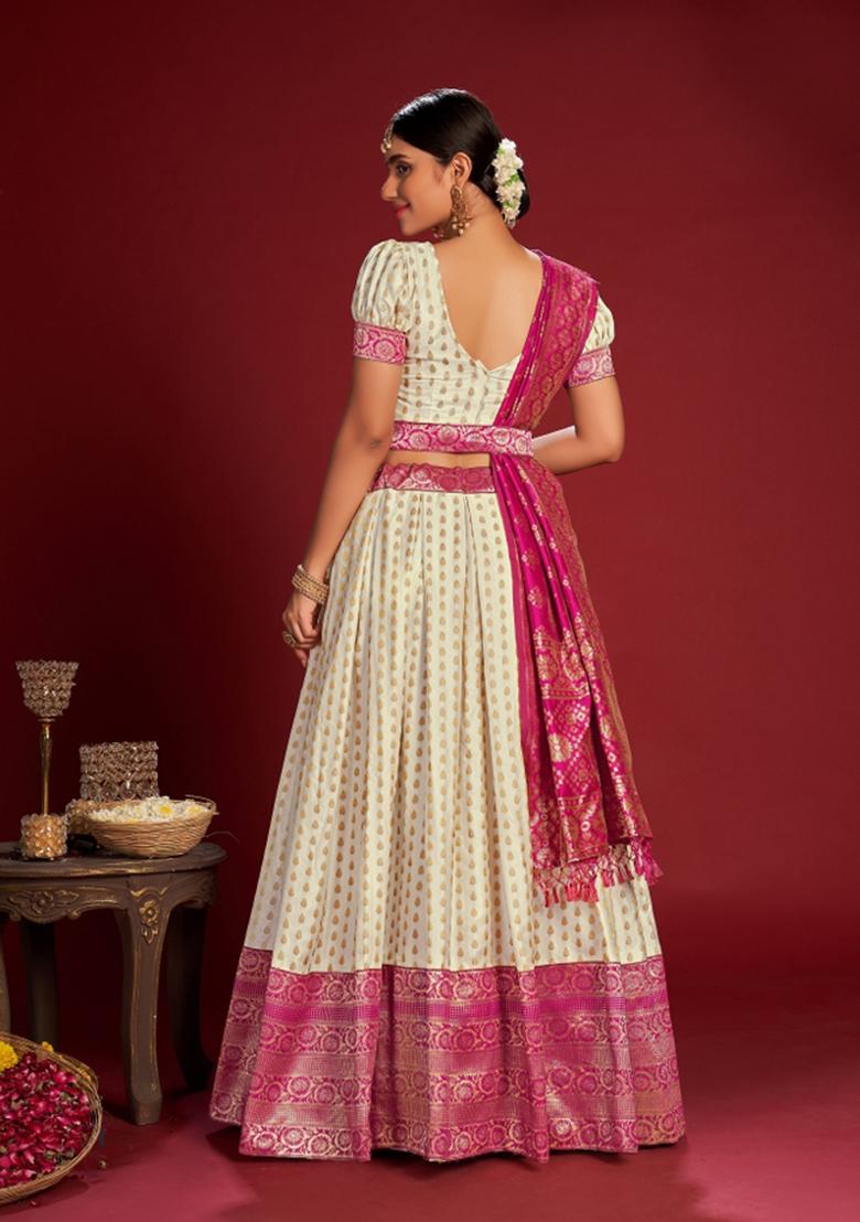 White Weaving Jacquard Lehenga Set - Indya