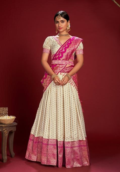 White Weaving Jacquard Lehenga Set