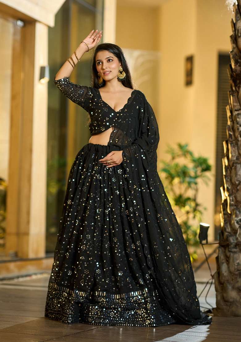 Black Embroidered Georgette Lehenga Set - Indya