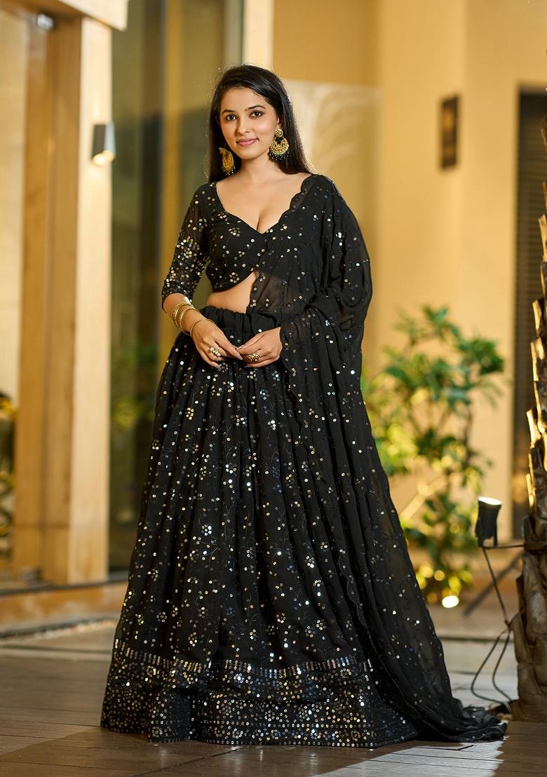Black Embroidered Georgette Lehenga Set - Indya