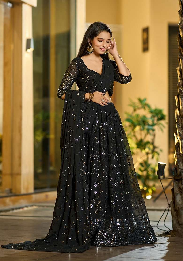 Black Embroidered Georgette Lehenga Set - Indya