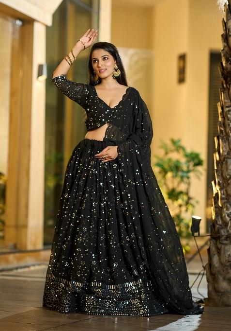 Black Embroidered Georgette Lehenga Set
