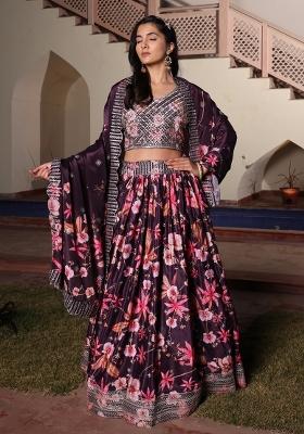 Purple Embroidered Chinon Lehenga Set