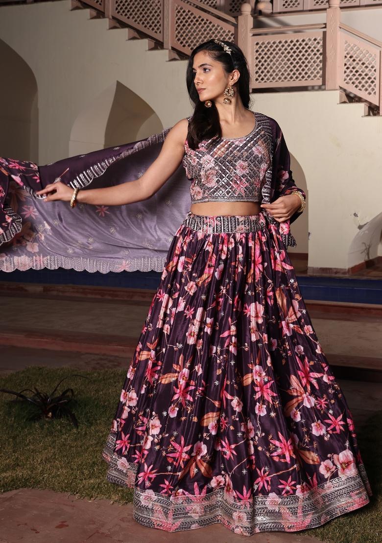 Purple Embroidered Chinon Lehenga Set - Indya