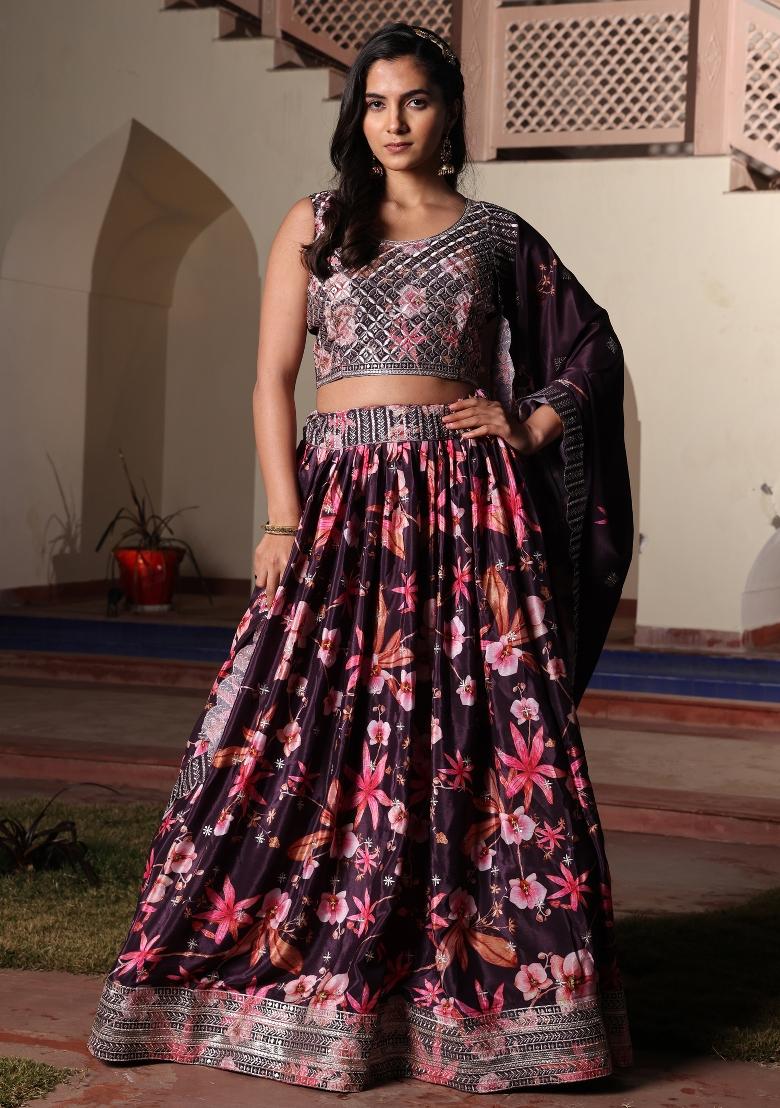 Purple Embroidered Chinon Lehenga Set - Indya
