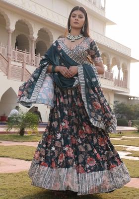 Green Embroidered Chinon Lehenga Set