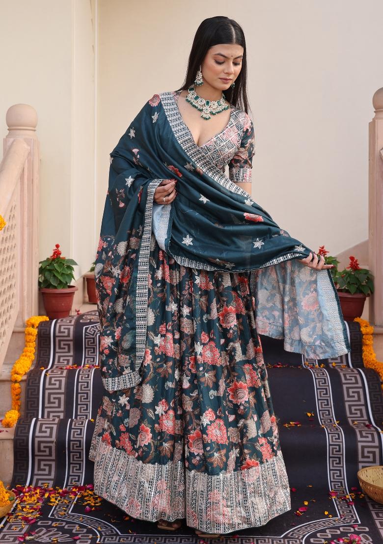Green Embroidered Chinon Lehenga Set - Indya