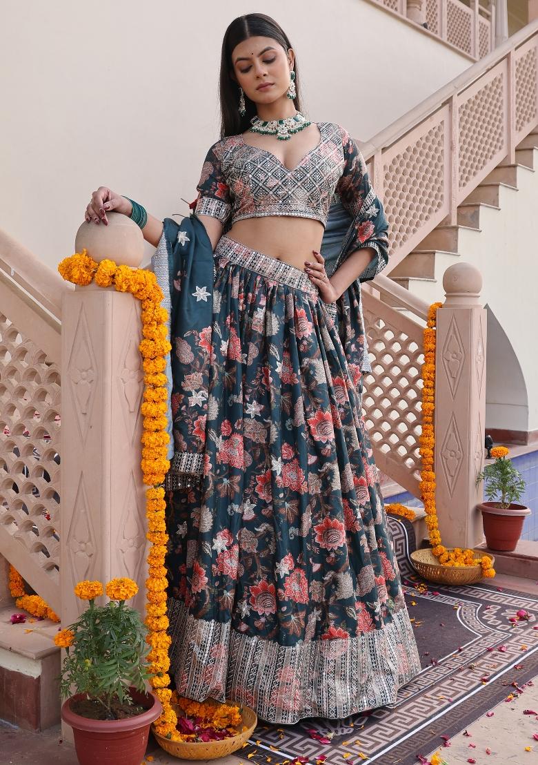Green Embroidered Chinon Lehenga Set - Indya