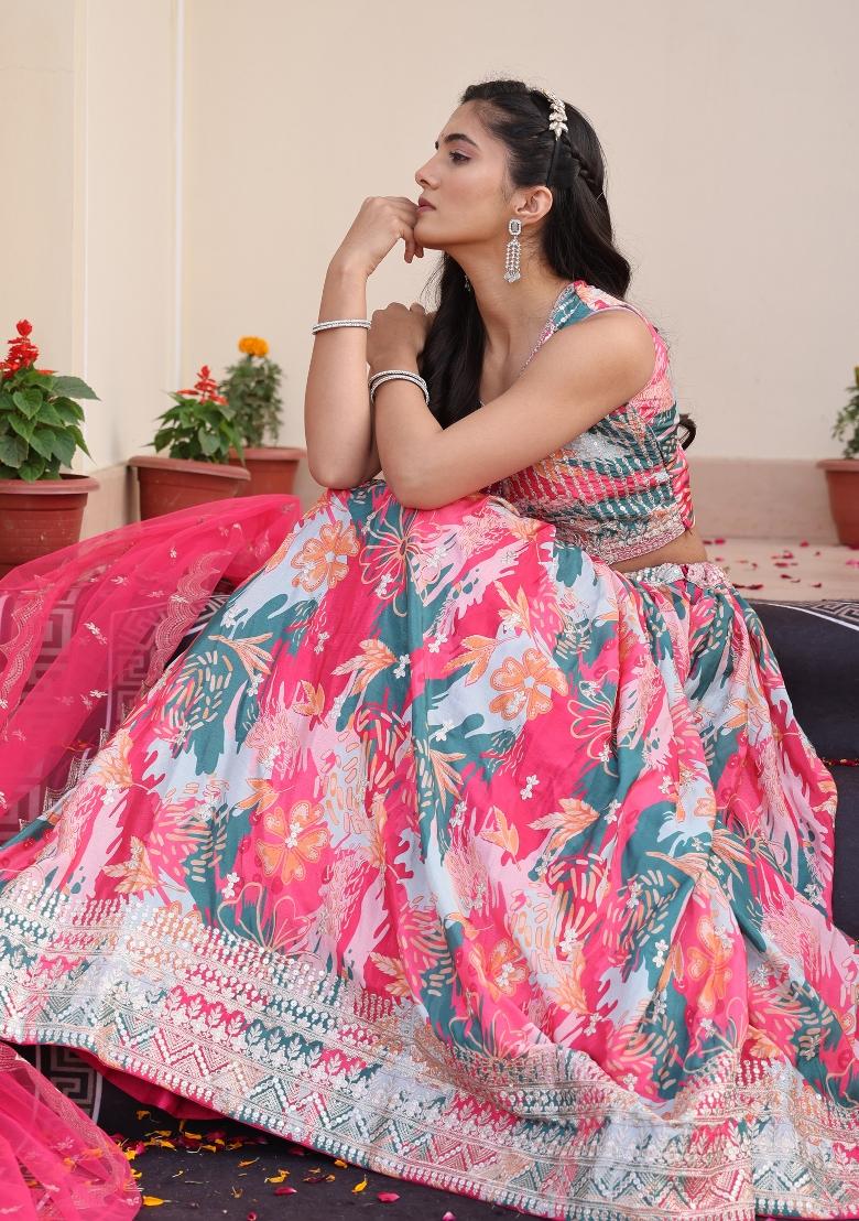 Pink Embroidered Chinon Lehenga Set - Indya