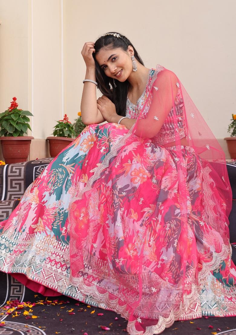 Pink Embroidered Chinon Lehenga Set - Indya
