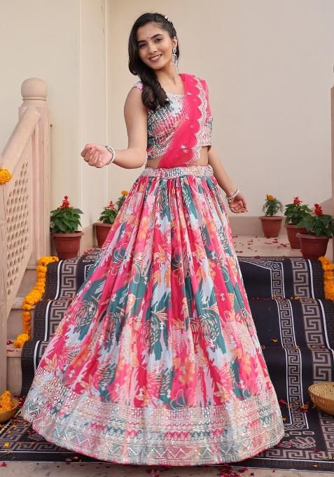 Pink Embroidered Chinon Lehenga Set