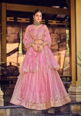 Pink Embroidered Net Lehenga Set