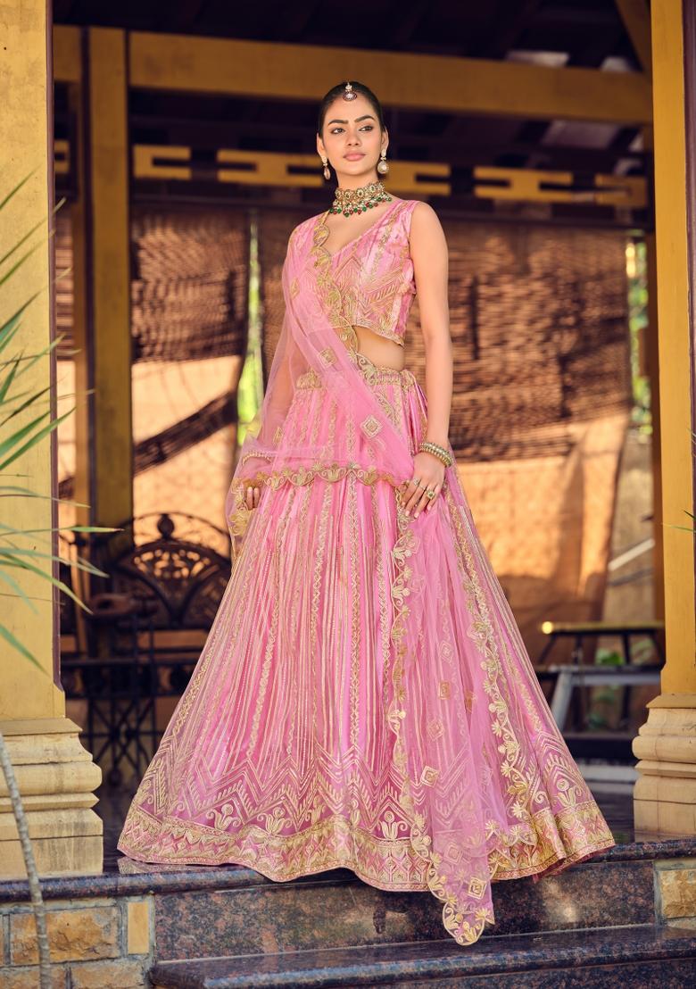 Pink Embroidered Net Lehenga Set - Indya