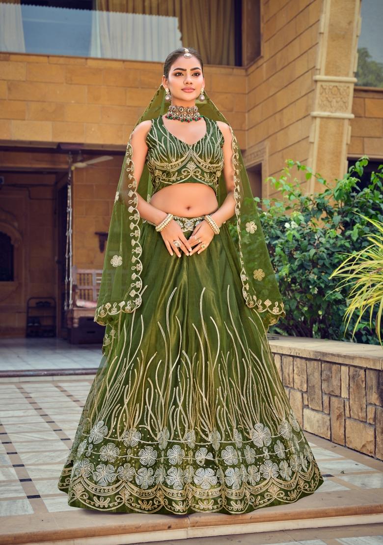 Mehendi Embroidered Net Lehenga Set - Indya