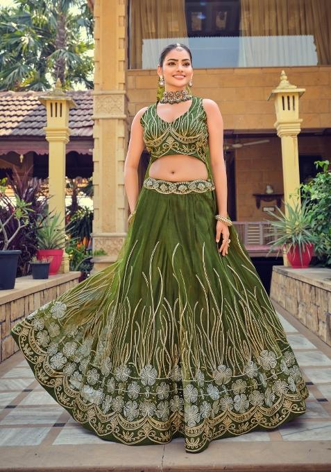 Mehendi Embroidered Net Lehenga Set