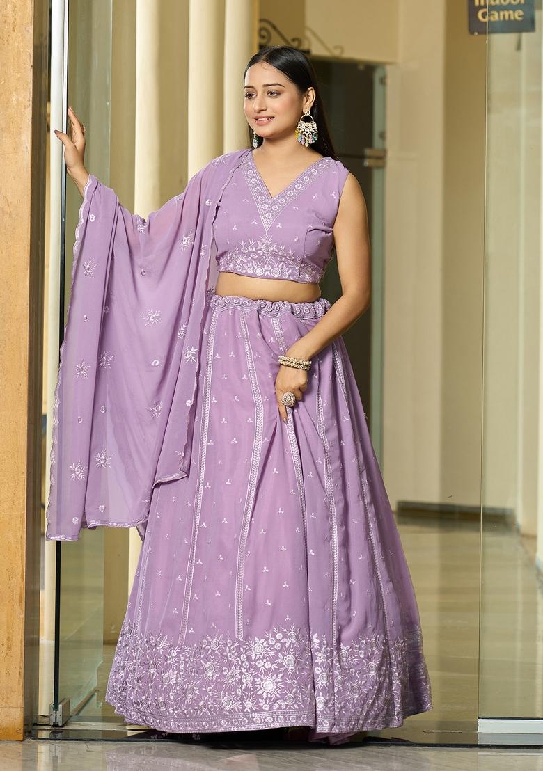 Lavender Embroidered Georgette Lehenga Set - Indya