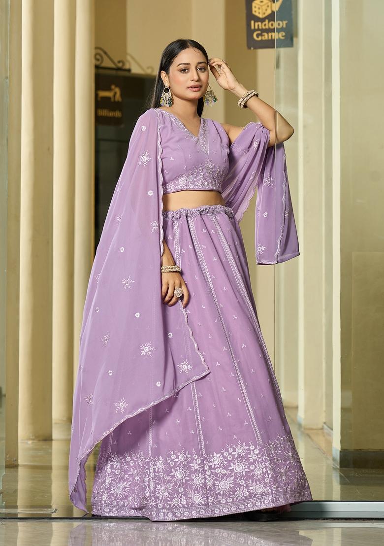 Lavender Embroidered Georgette Lehenga Set - Indya