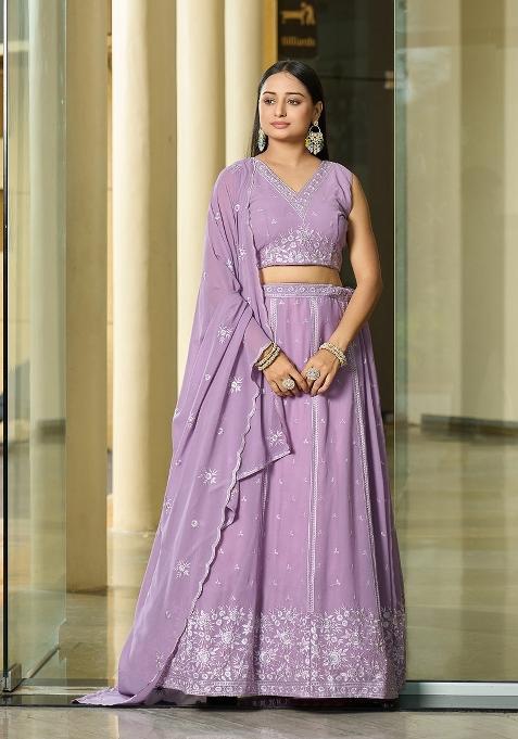 Lavender Embroidered Georgette Lehenga Set
