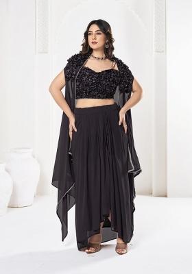 Black Self Design Georgette Lehenga Set