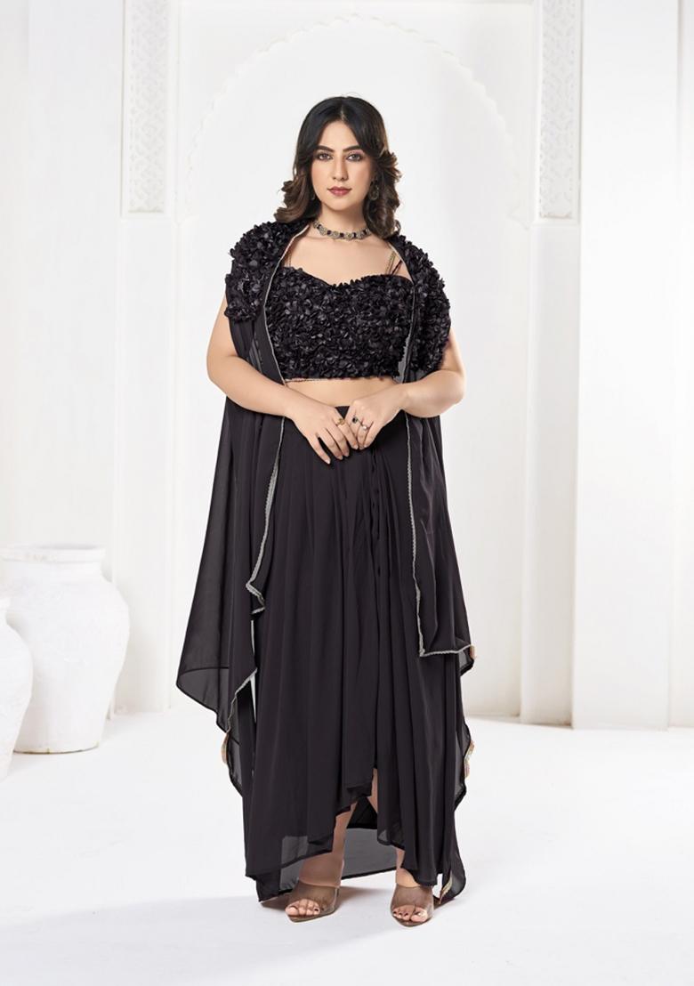 Black Self Design Georgette Lehenga Set - Indya