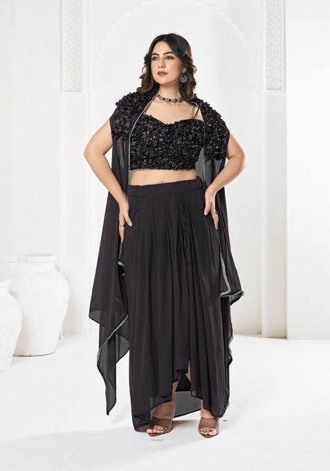 Black Self Design Georgette Lehenga Set