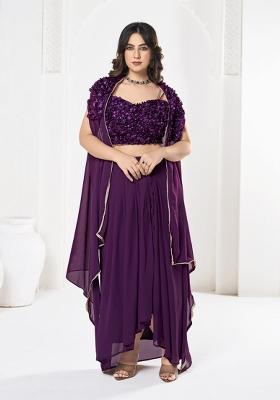 Purple Self Design Georgette Lehenga Set