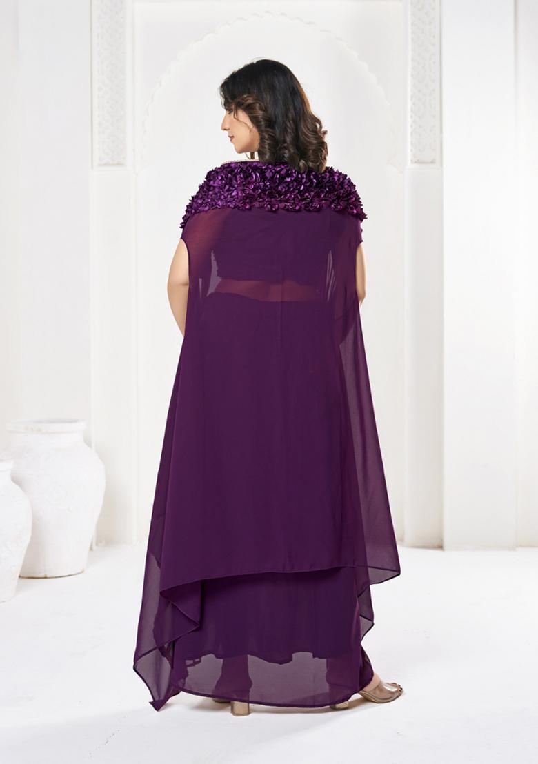 Purple Self Design Georgette Lehenga Set - Indya