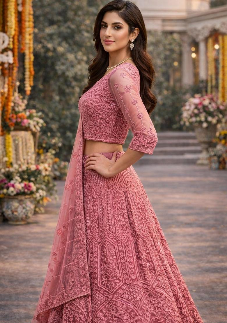 Dusty Embroidered Net Lehenga Set - Indya