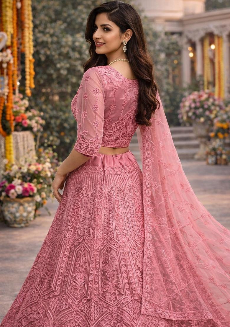 Dusty Embroidered Net Lehenga Set - Indya