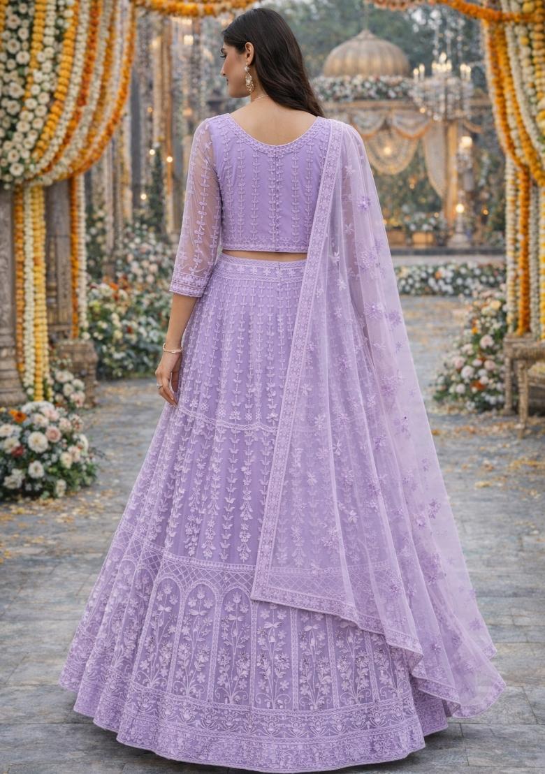 Lavender Embroidered Net Lehenga Set - Indya