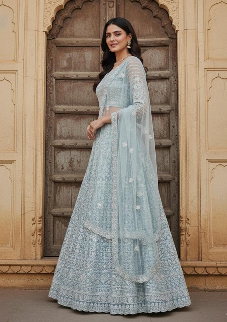 Sky Blue Embroidered Net Lehenga Set - Indya