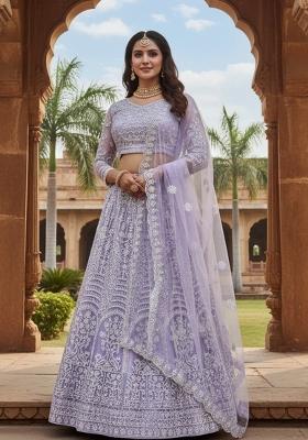 Lavender Embroidered Net Lehenga Set