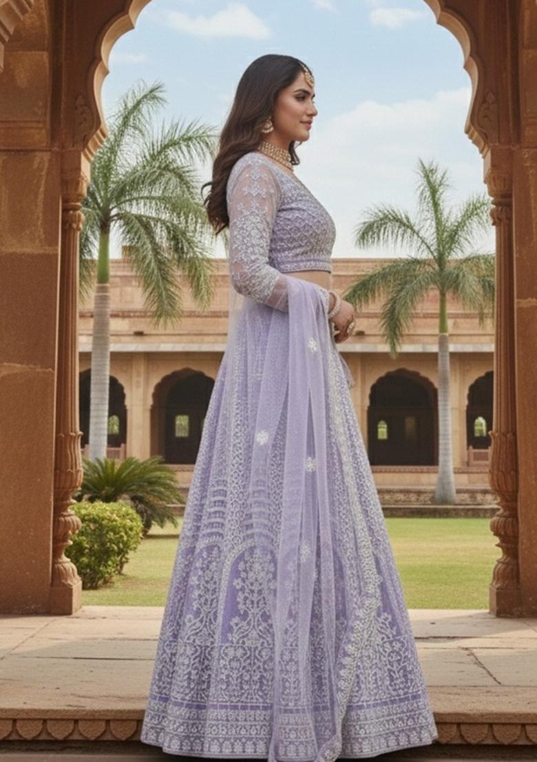 Lavender Embroidered Net Lehenga Set - Indya