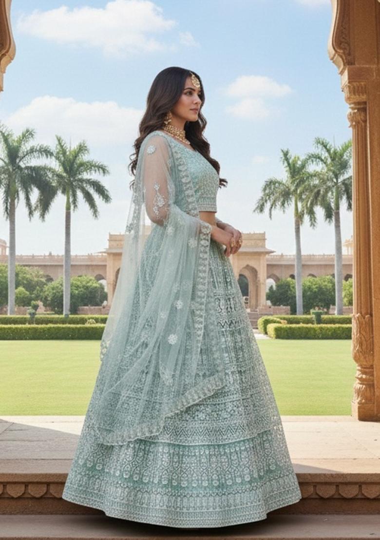 Sea Green Embroidered Net Lehenga Set - Indya