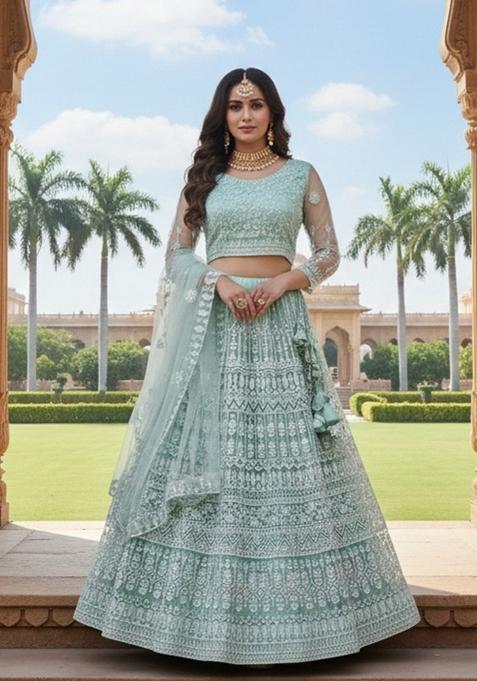 Sea Green Embroidered Net Lehenga Set