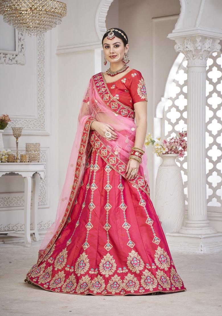 Pink Embroidered Silk Blend Lehenga Set - Indya