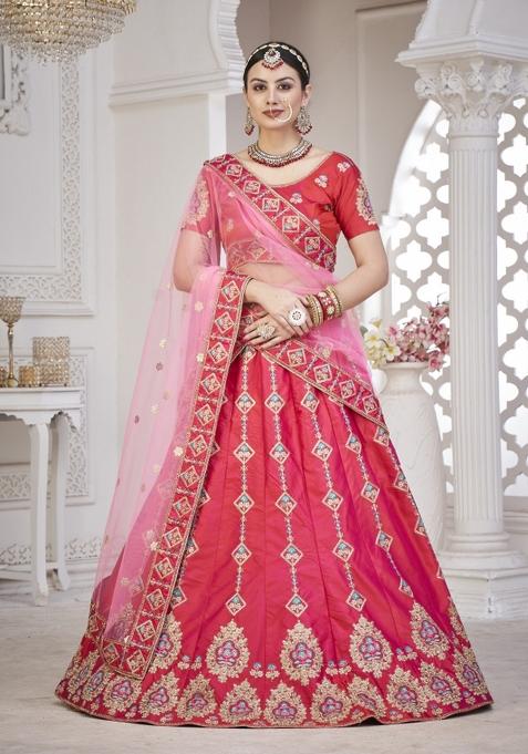 Pink Embroidered Silk Blend Lehenga Set