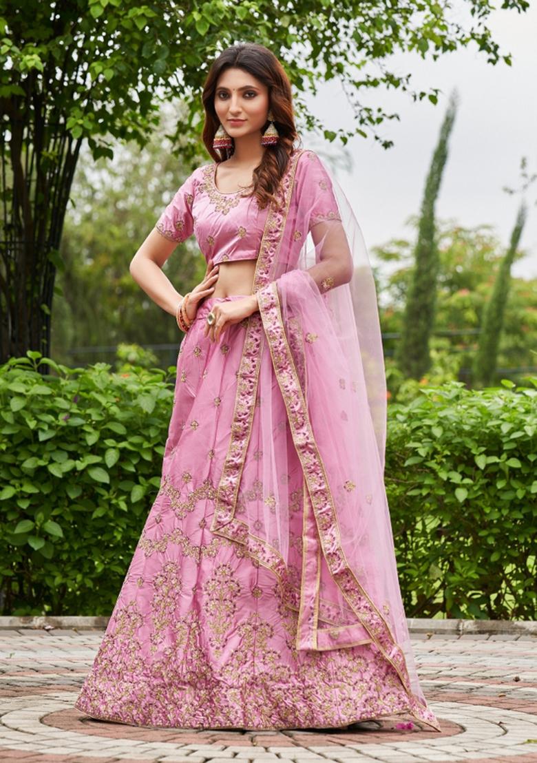 Pink Embroidered Satin Lehenga Set - Indya