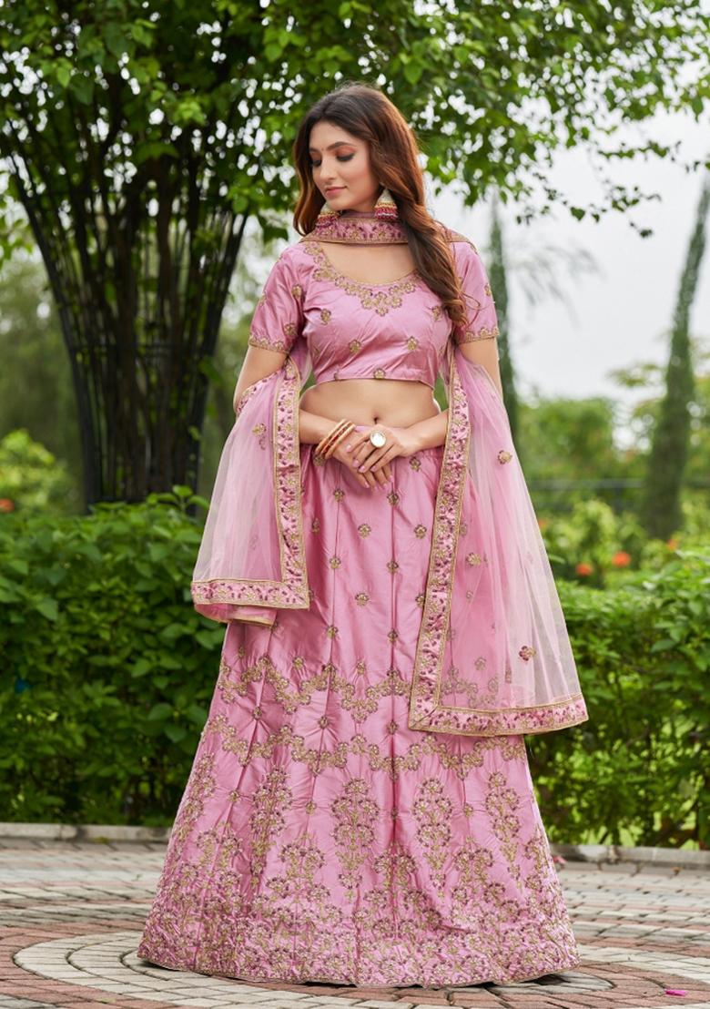 Pink Embroidered Satin Lehenga Set - Indya