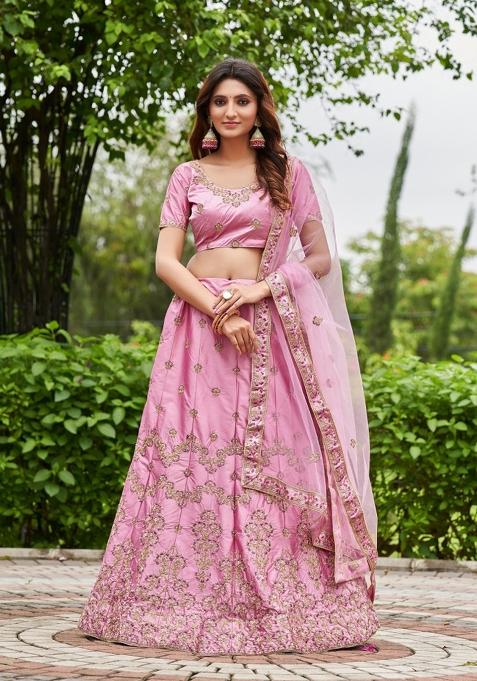 Pink Embroidered Satin Lehenga Set