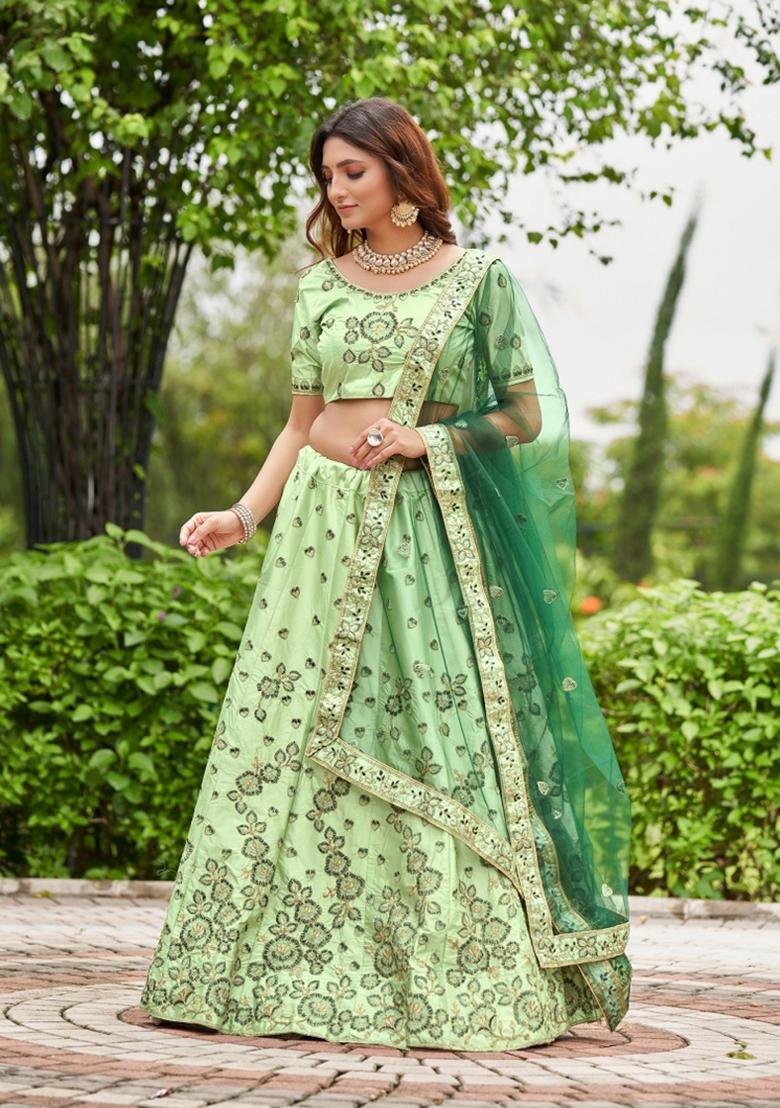 Pista Embroidered Satin Lehenga Set - Indya