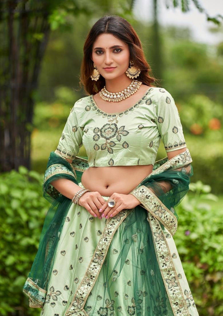 Pista Embroidered Satin Lehenga Set - Indya