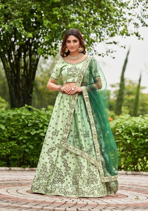 Pista Embroidered Satin Lehenga Set