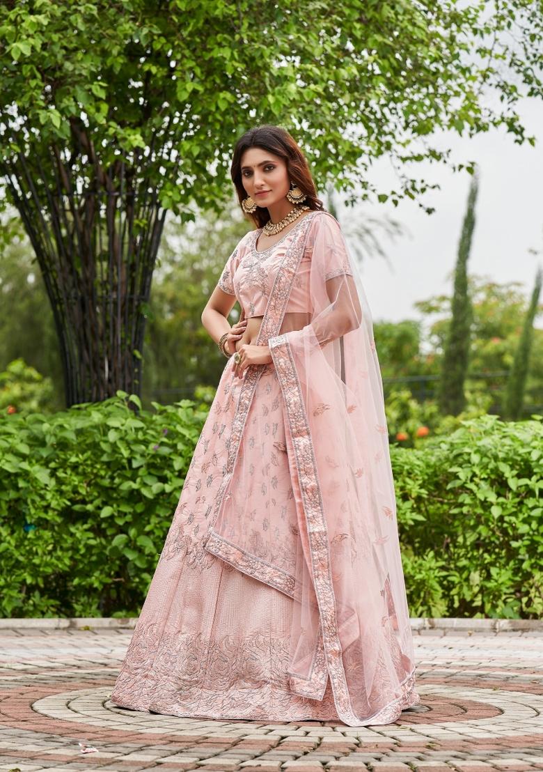 Pink Embroidered Satin Lehenga Set - Indya