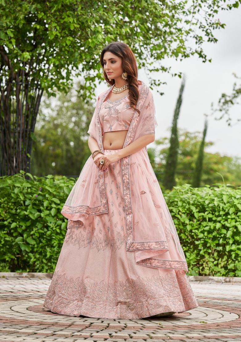 Pink Embroidered Satin Lehenga Set - Indya