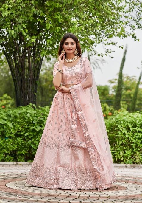Pink Embroidered Satin Lehenga Set