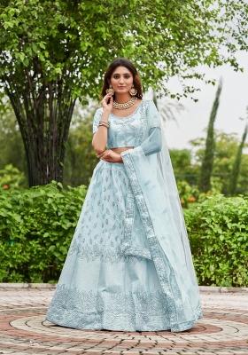 Sky Blue Embroidered Satin Lehenga Set