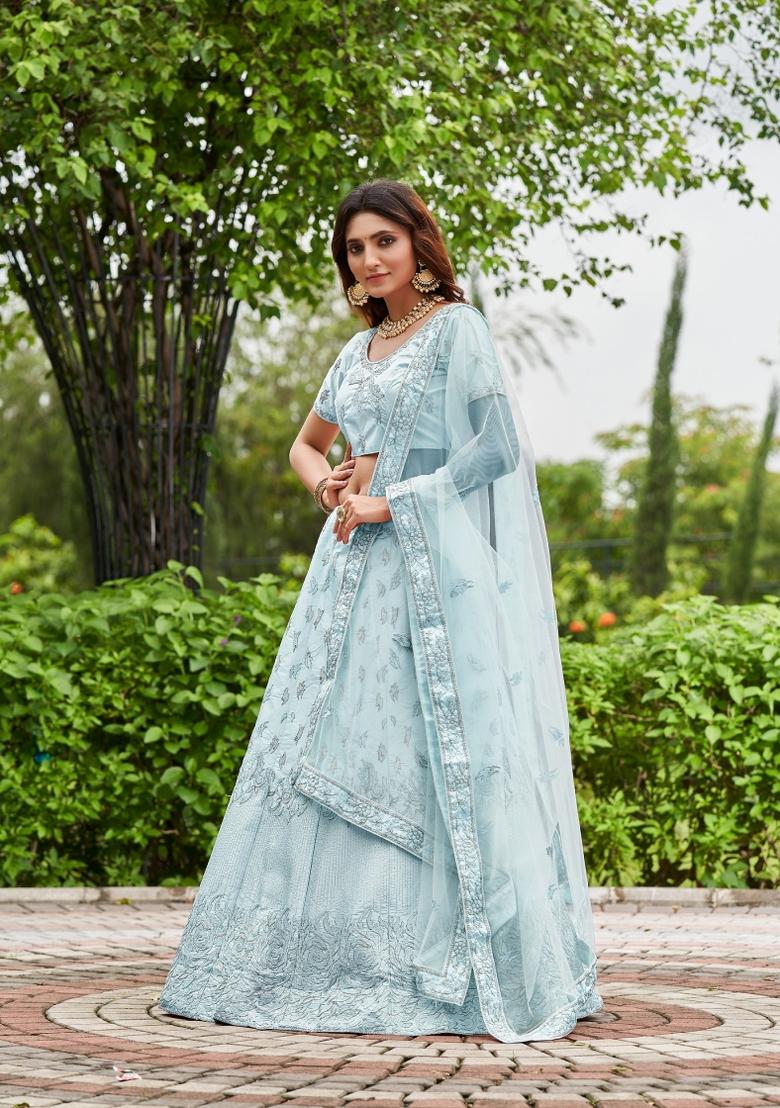 Sky Blue Embroidered Satin Lehenga Set - Indya
