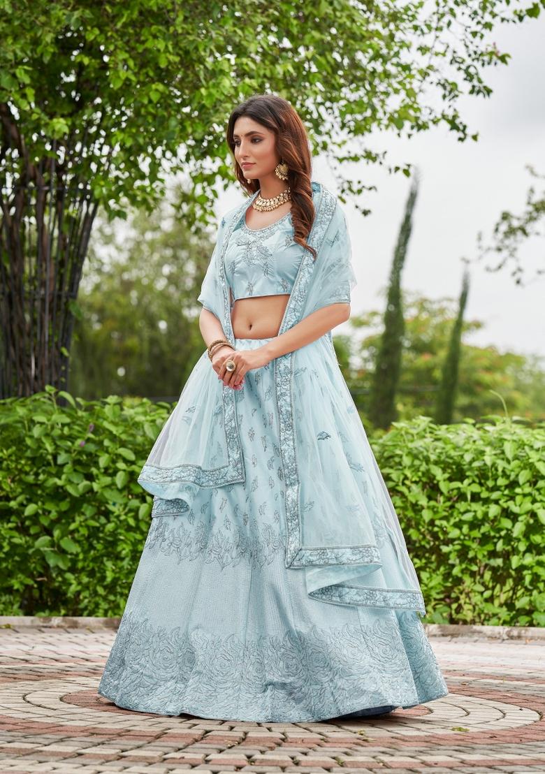 Sky Blue Embroidered Satin Lehenga Set - Indya